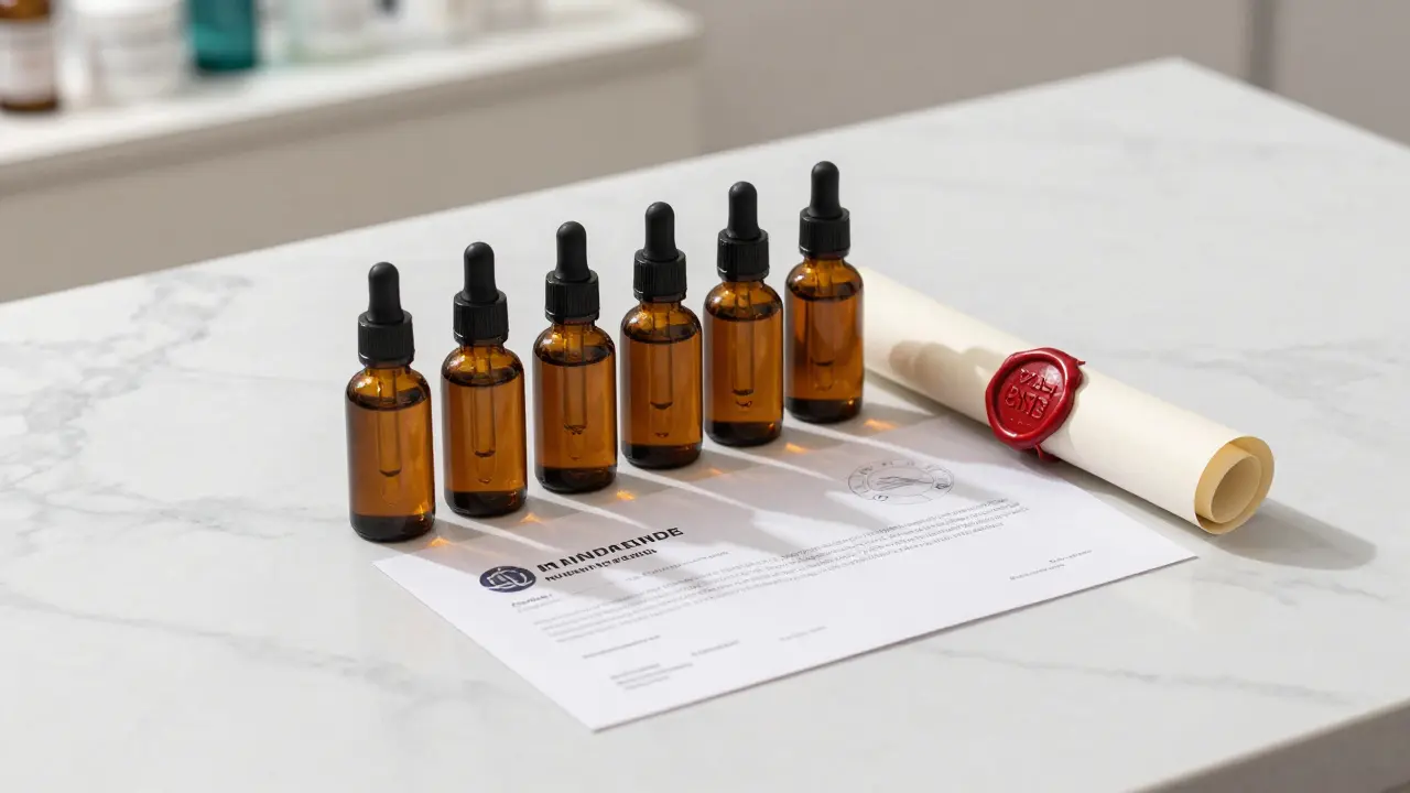 Ordentlich angeordnete Ölflaschen, die Qualität und regulatorische Prüfung symbolisieren