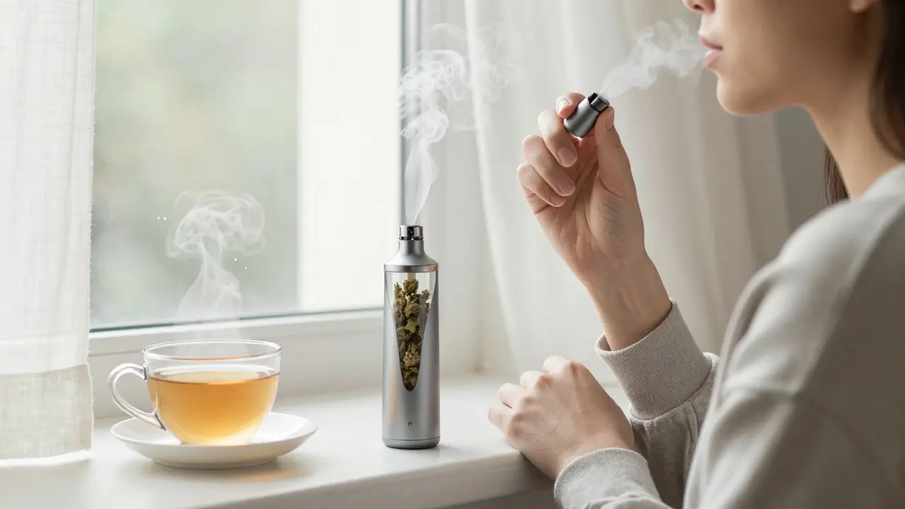 Person atmet sanft Dampf aus einem Vaporizer, während Tee daneben steht