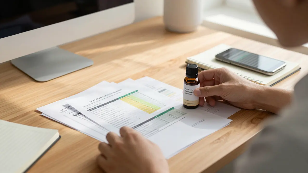 Person prüft Laborzertifikate für CBD-Öl