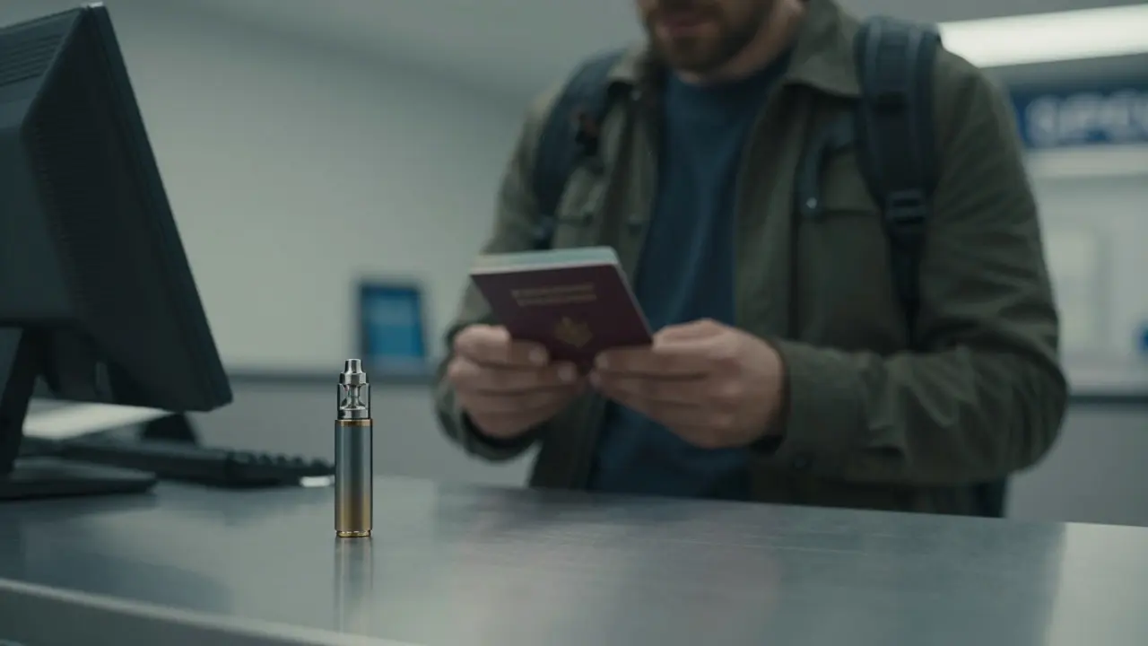 Reisender an der Grenzkontrolle, eine Vape-Kartusche liegt auf dem Tisch.