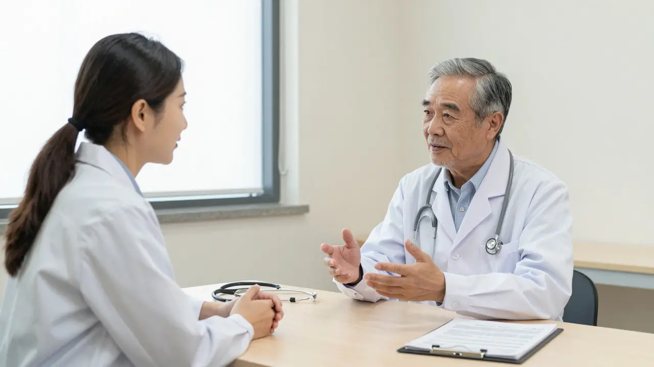 Senior führt ein vertrauensvolles Gespräch mit seinem behandelnden Arzt.