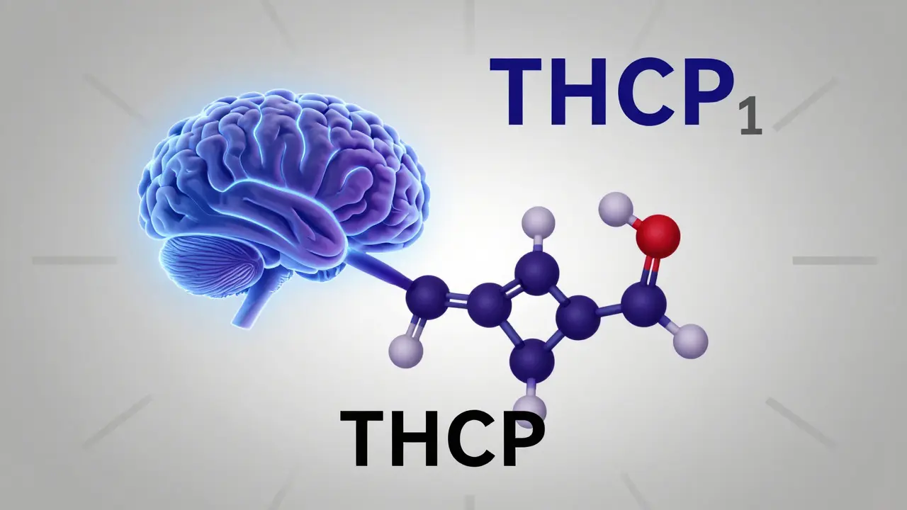 THCP molecule with seven-carbon chain strongly bound to a brain receptor, compared to weaker THC binding.