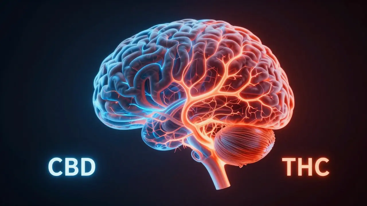 Transparentes Gehirn mit ruhigen blauen (CBD) und aufgeregten roten (THC) Nervenbahnen.