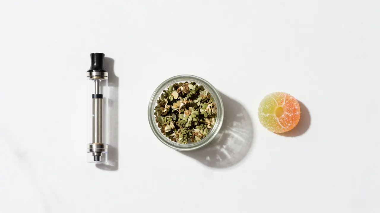 Übersicht von HHC Produkten wie Vape, Blüte und Gummis auf einer Fläche.