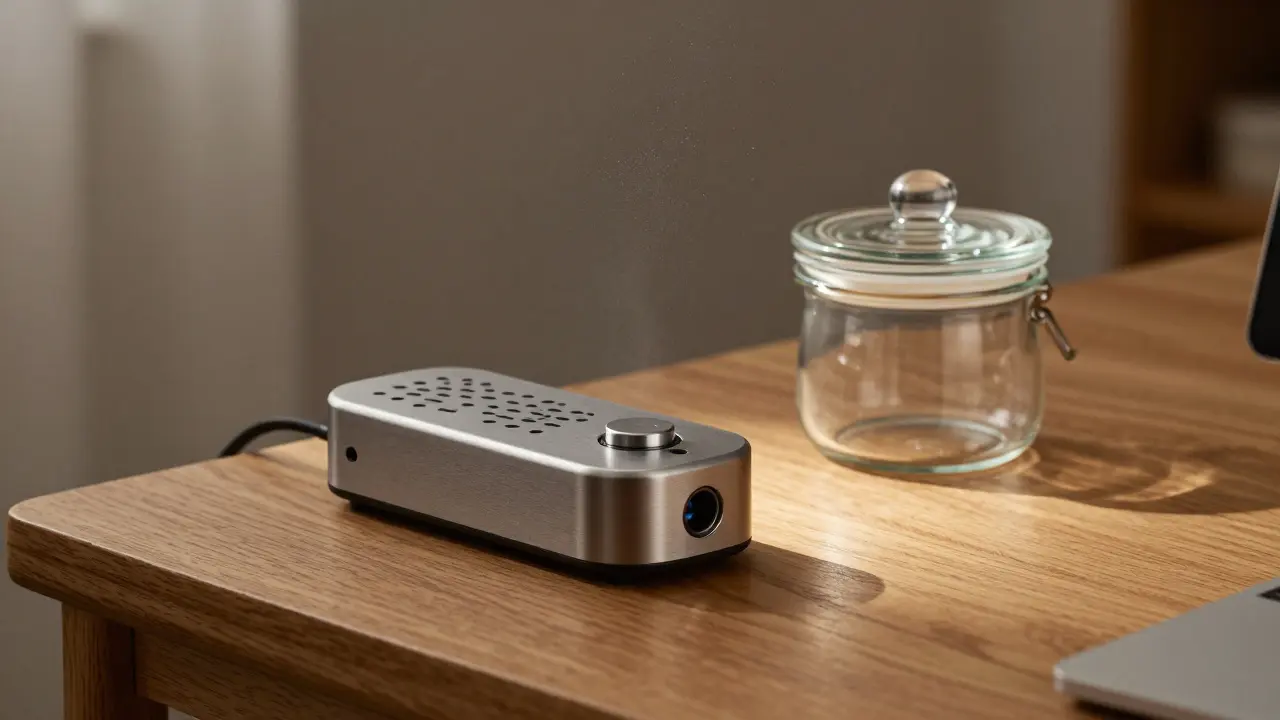 Vaporizer und luftdichtes Glasgefäß zur Lagerung auf Holzoberfläche bei sanfter Beleuchtung.