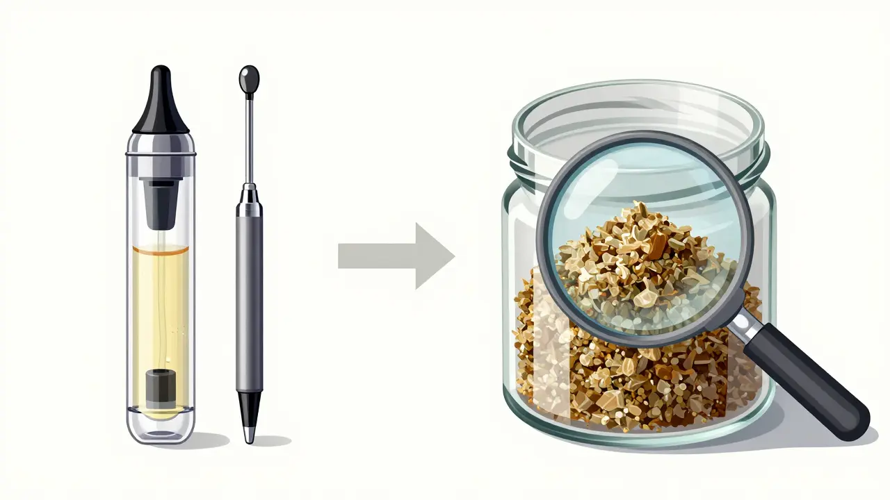 Vergleich von CBD-Kartusche mit Trägerölen und reinem CBD-Crumble in einem Glasgefäß.