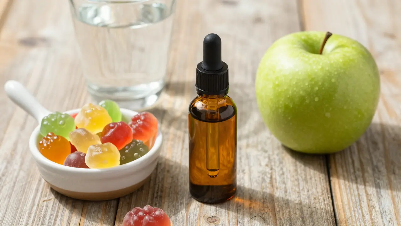 Vergleich von CBD-Öl und zuckerhaltigen Gummis auf Holztisch