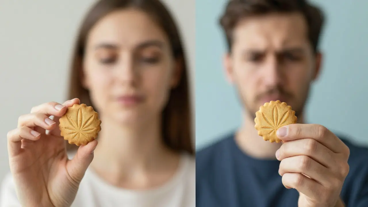 Zwei Hände: eine mit einer niedrigen Dosis, die andere mit einer hohen Dosis Cannabis-Keks.