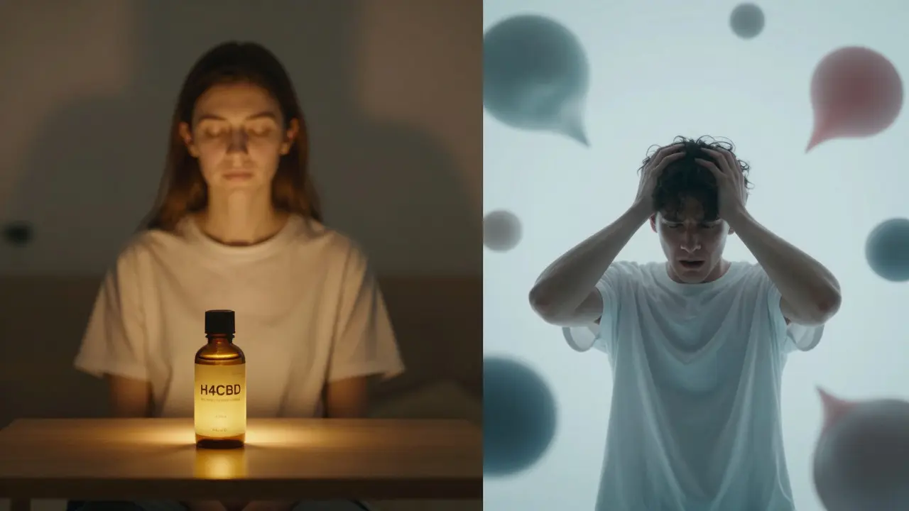 Zwei Menschen: einer in Ruhe mit H4CBD, der andere überwältigt von THCO – kontrastierende Stimmungen.