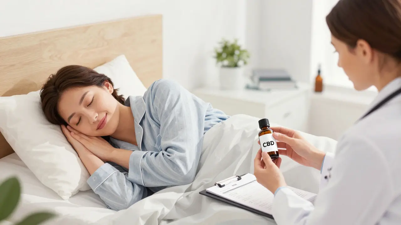 Zwei Menschen: einer schläft friedlich, der andere erhält medizinischen Rat zu CBD-Dosen.