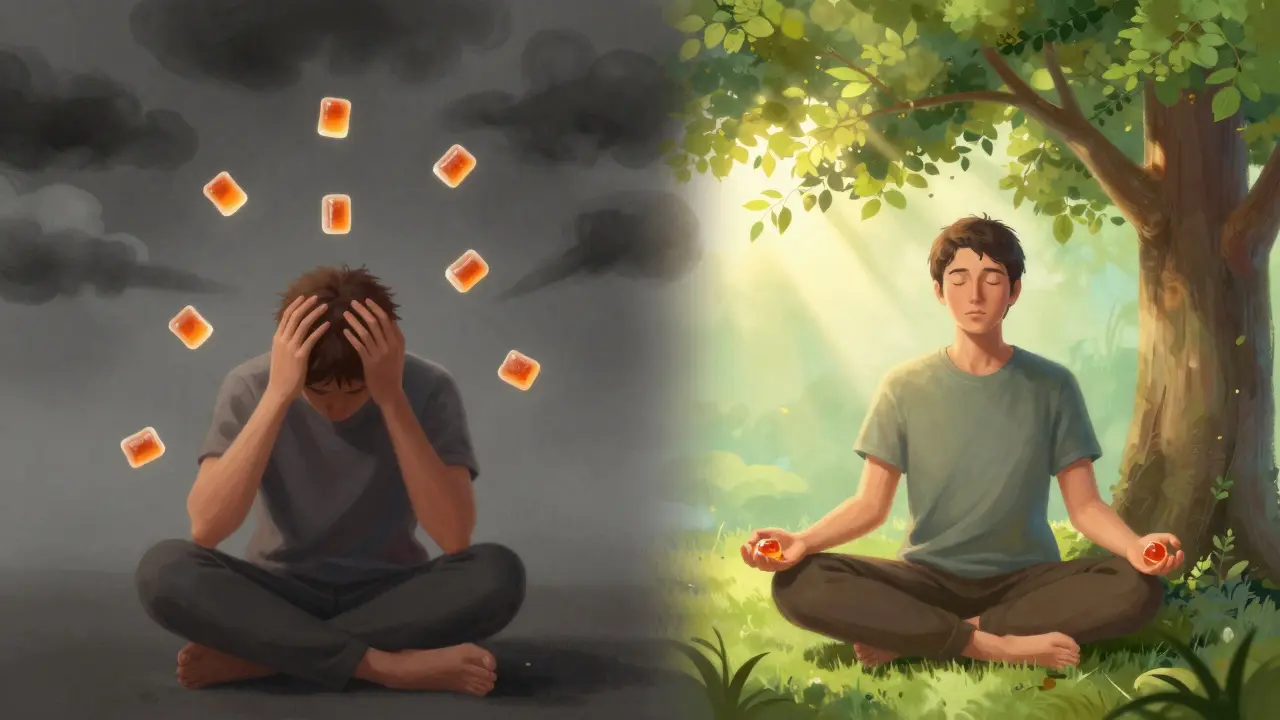 Zwei Seiten: links eine Person verwirrt von THC-Gummibärchen, rechts dieselbe Person in Ruhe meditierend unter einem Baum, ein CBD-Gummibärchen liegt friedlich auf ihrer Hand.