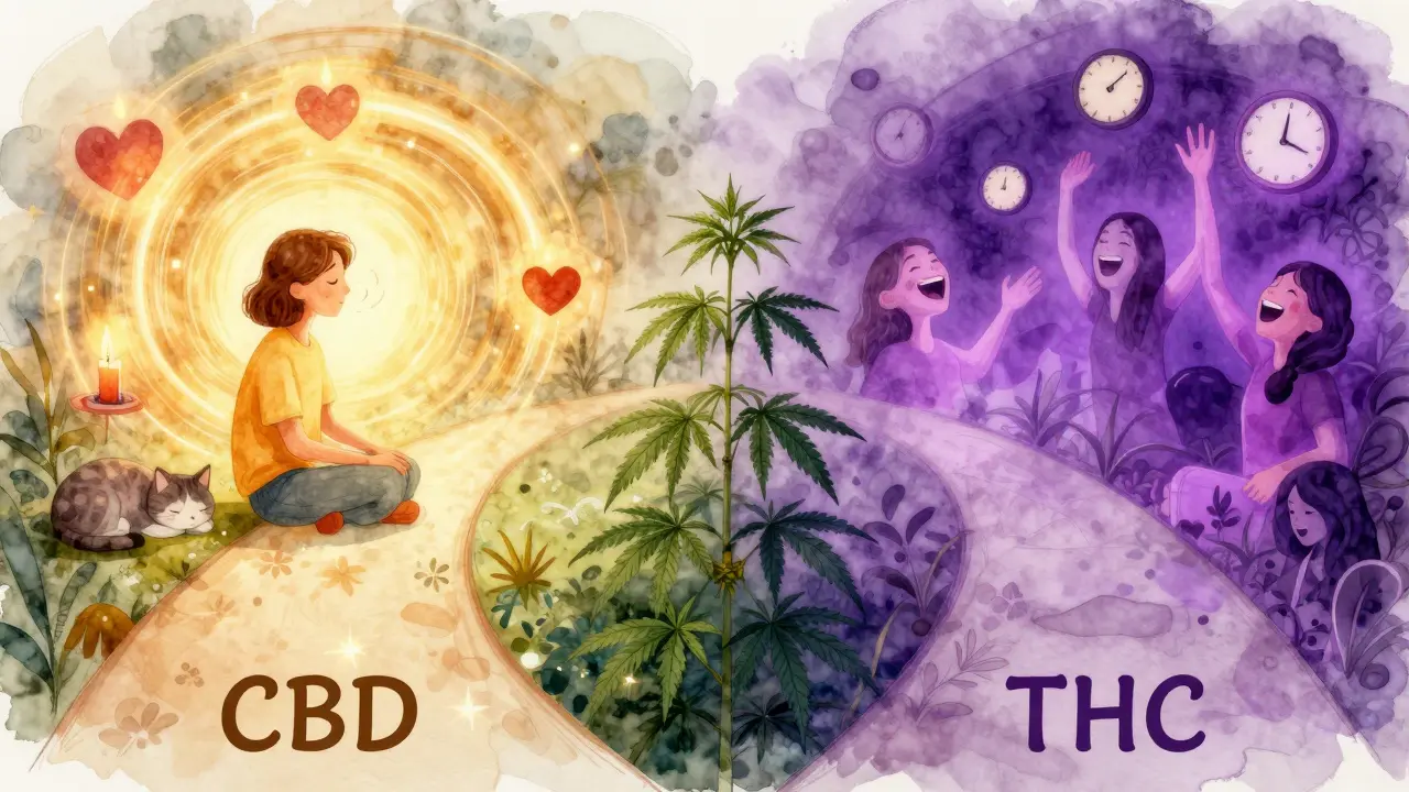 Zwei Wege neben einem Hanf-Plant: einer ruhig und golden (CBD), der andere bunt und verzerrt (THC).