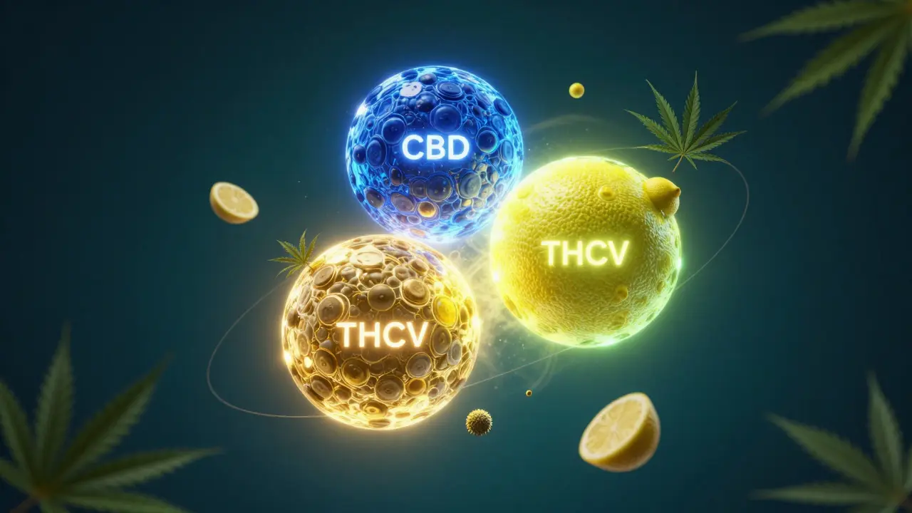 Abstrakte Darstellung der Synergie von CBD, THCV und Limonen als leuchtende Sphären.
