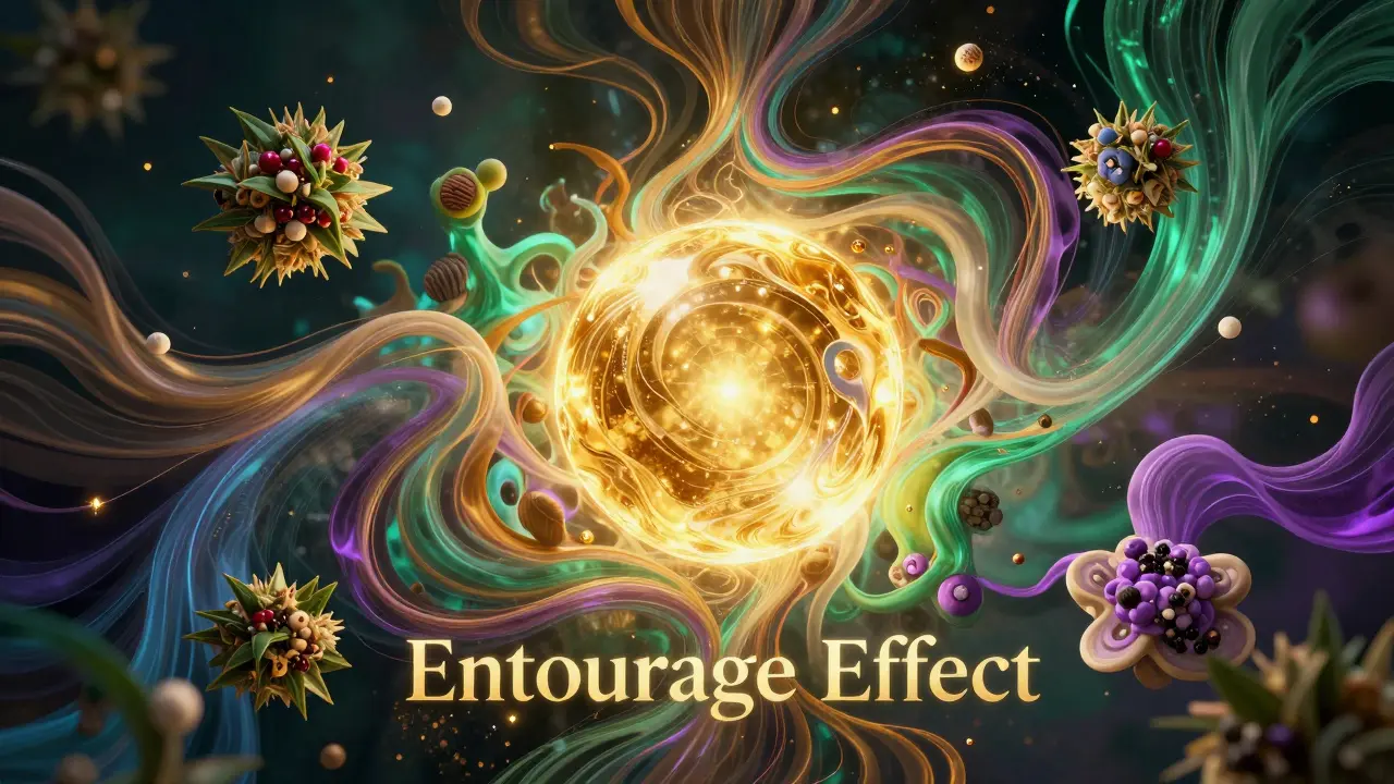 Abstrakte Darstellung des Entourage-Effekts mit CBD und bunten Terpen-Energieflüssen.