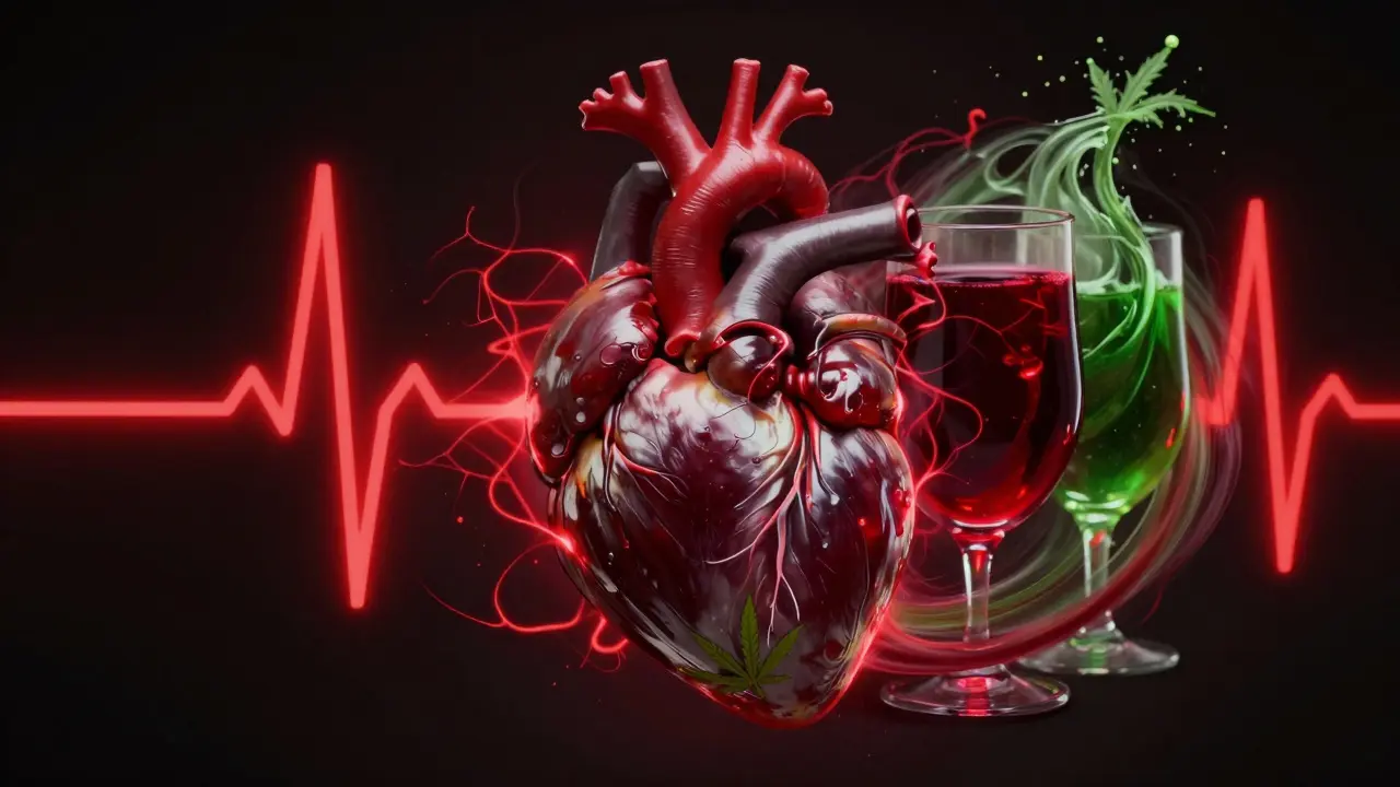 Abstrakte Darstellung eines gestressten Herzens und der Mischung aus Wein und Cannabis.