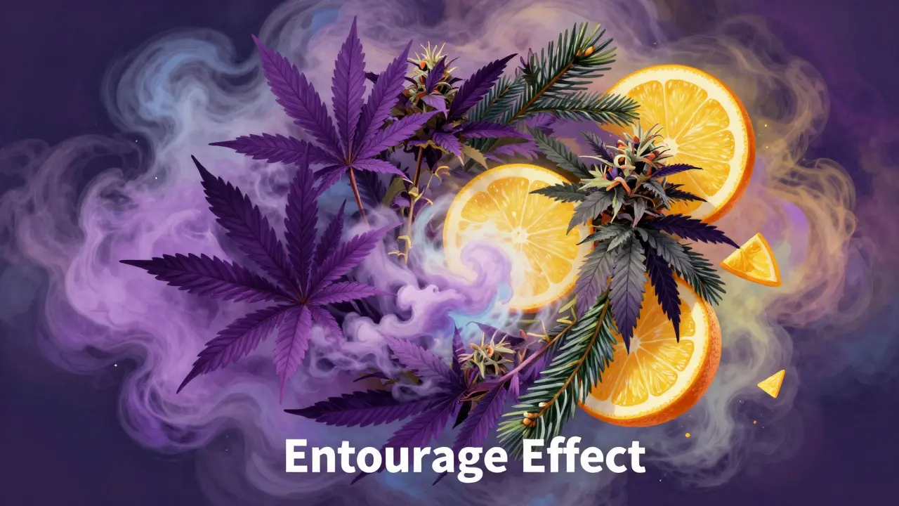 Abstrakte Darstellung von Terpenen als bunte Pflanzen und Früchte in einer Dampfwolke.