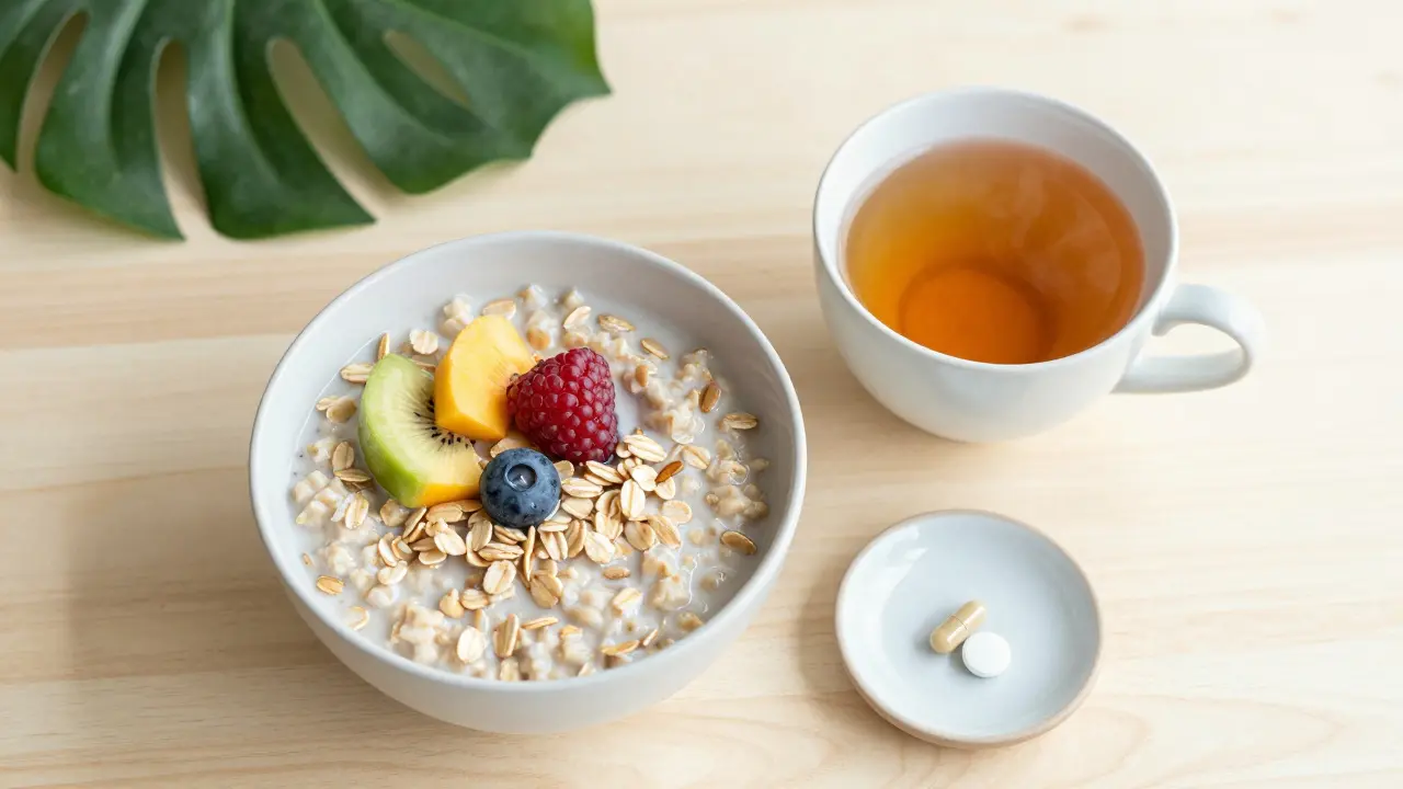 CBD-Kapsel und Ibuprofen-Tablette neben einem gesunden Frühstück auf einem Tisch.