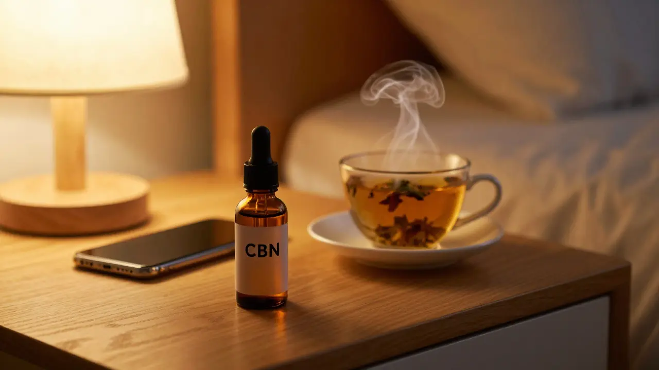 CBN-Ölflasche und eine Tasse Tee auf einem Nachttisch bei warmem Licht.