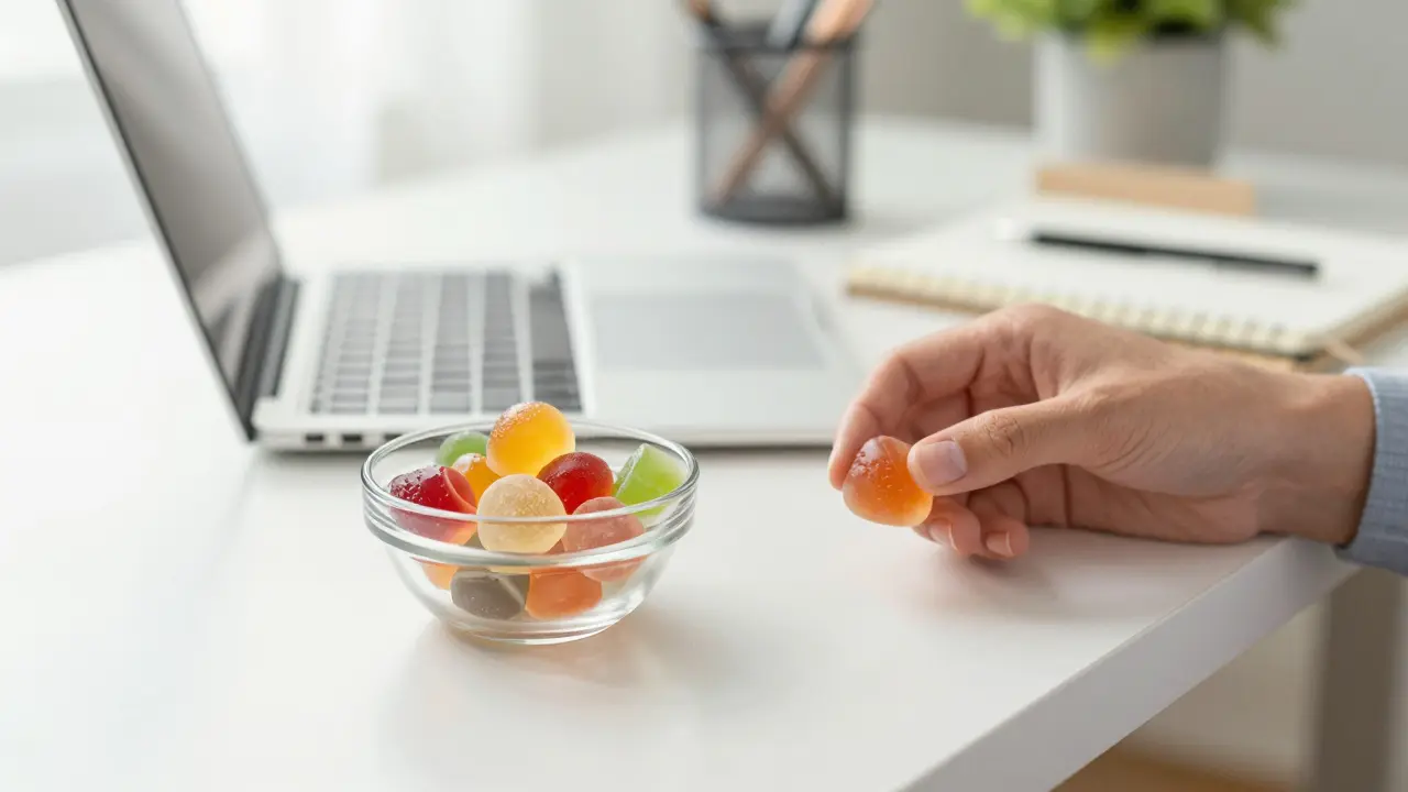 Diskret platzierte CBD-Gummies in einer Glasschale auf einem modernen Schreibtisch.