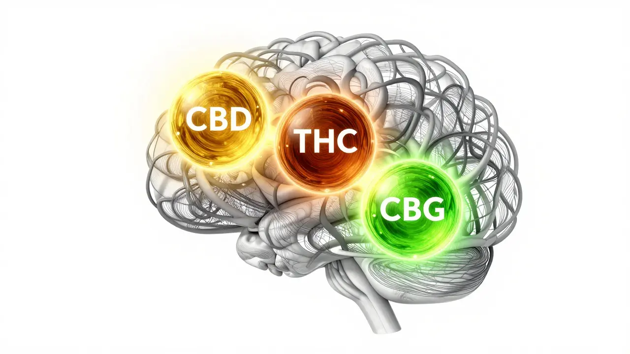Drei farbige Lichtsphären, die CBD, THC und CBG darstellen und harmonisch zusammenwirken.