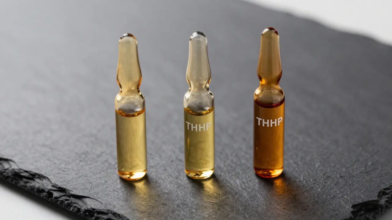 Drei Glasphiolen mit goldfarbenen Ölen unterschiedlicher Intensität.