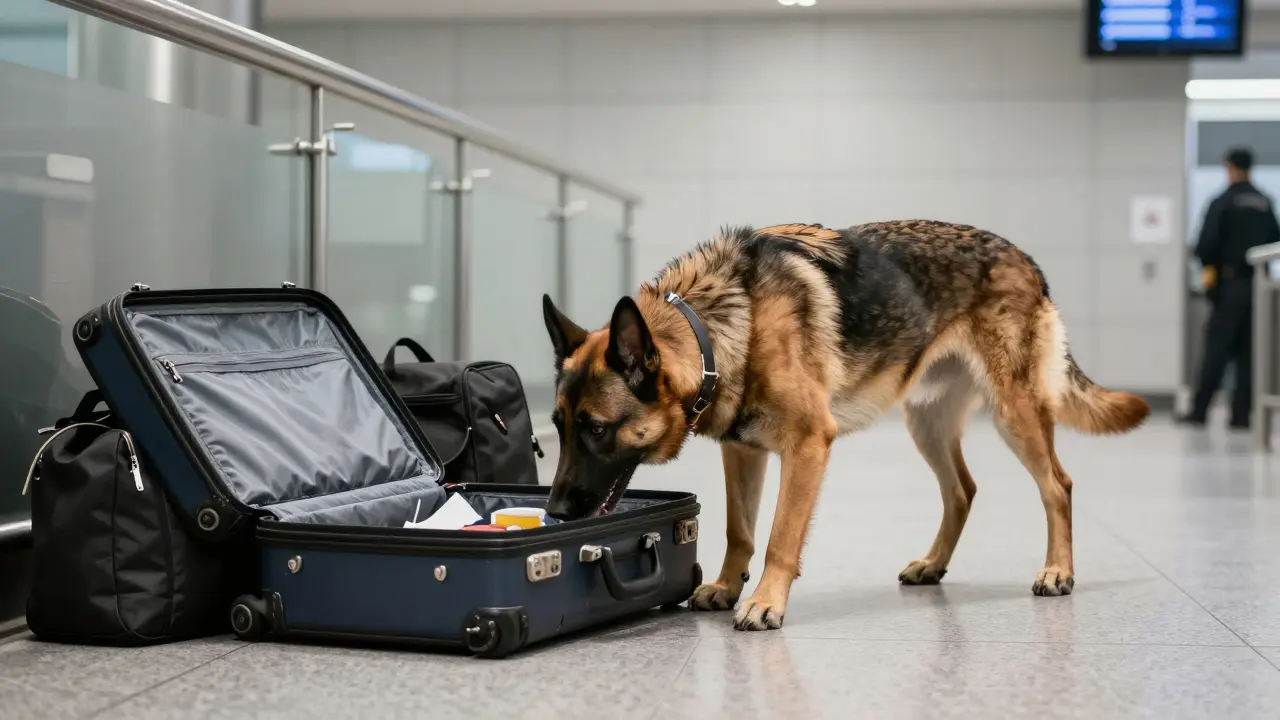 Drogenspürhund bei der Durchsuchung von Koffern in einem Flughafen