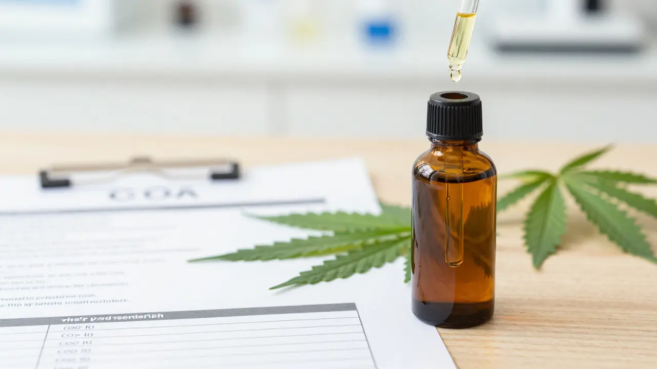 Ein hochwertiges CBD-Öl Fläschchen neben einem Laborzertifikat auf einem Holztisch.
