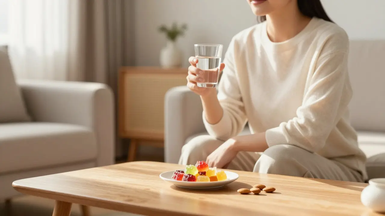 Eine entspannte Person in einem hellen Wohnzimmer mit Edibles und Mandeln auf dem Tisch.