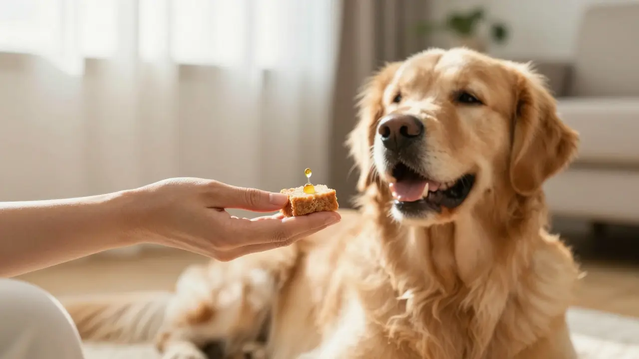 Eine Hand gibt einem entspannten Golden Retriever ein Leckerli mit einem Tropfen CBD Öl