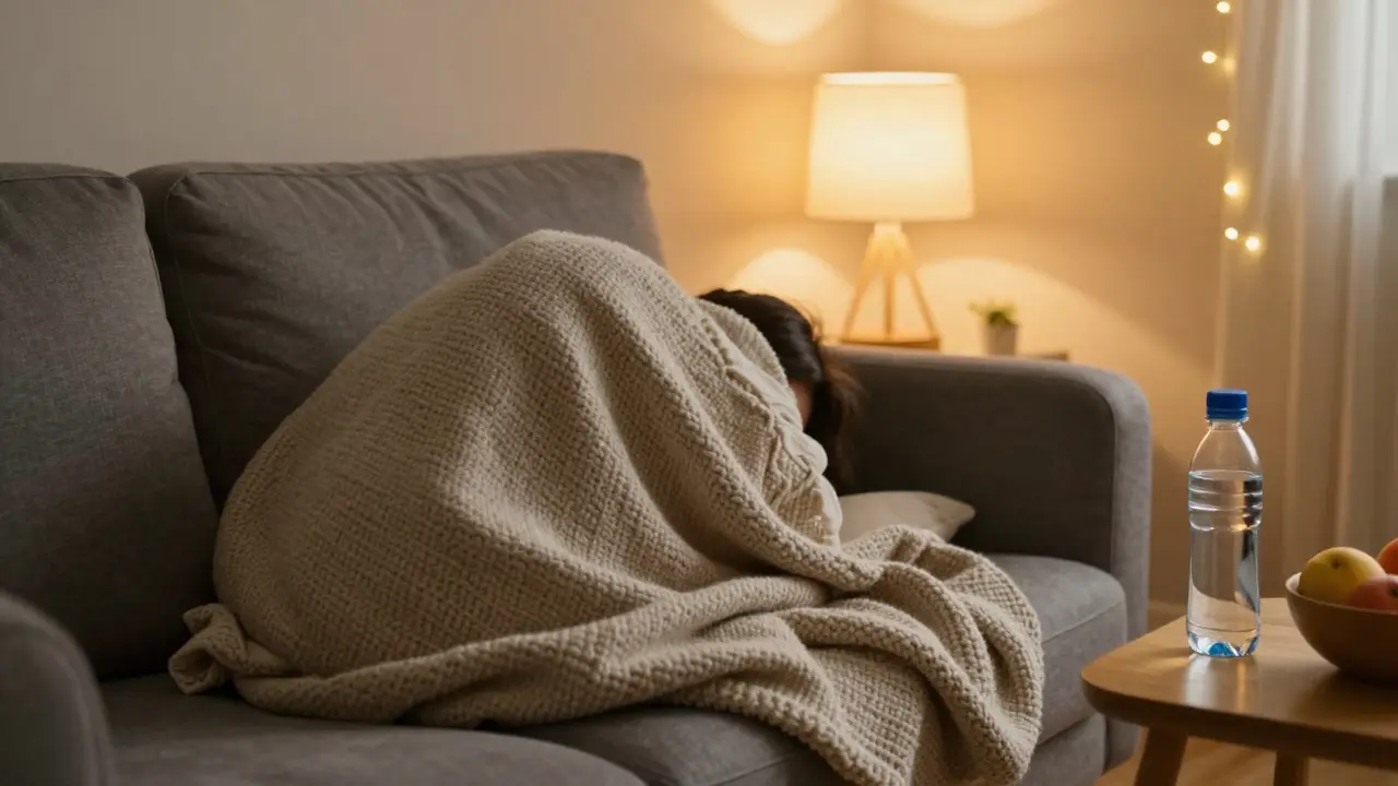 Eine Person entspannt unter einer Decke auf einem Sofa in einem gemütlichen, warm beleuchteten Raum.