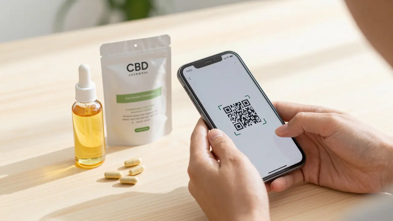 Eine Person scannt per Smartphone den QR-Code eines CBD-Produkts zur Überprüfung des Laborberichts.