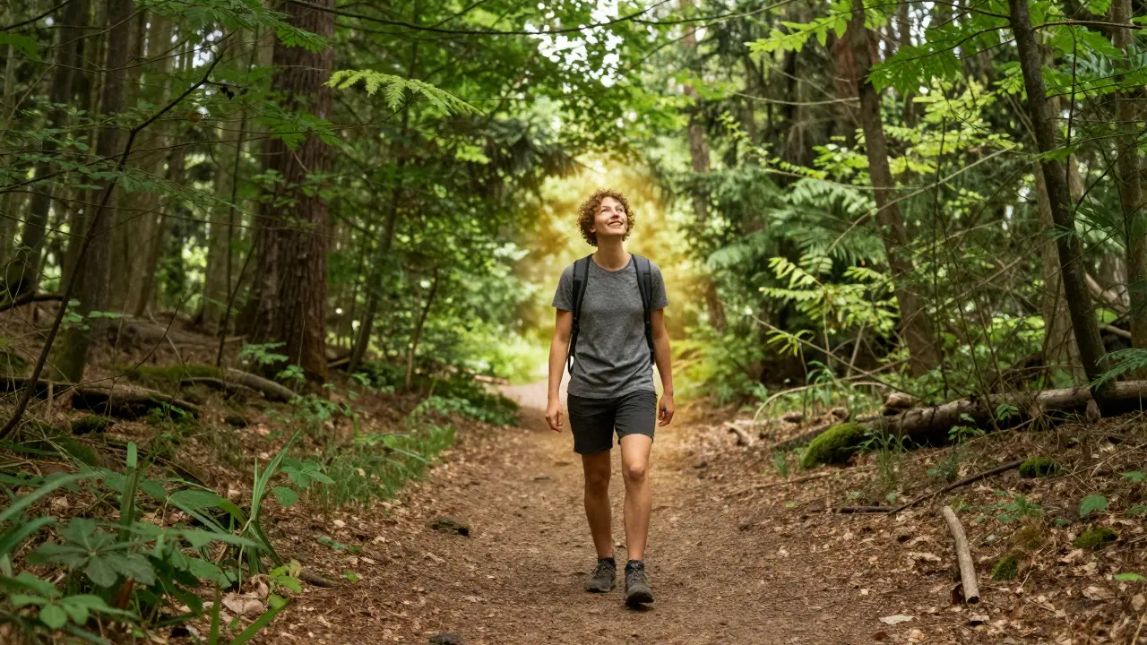 Energetische Person beim Wandern in einem sonnigen Wald mit goldener Lichtaura.