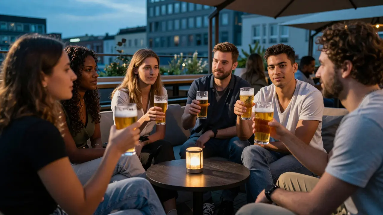 Freunde trinken entspannt CBD-Bier und Seltzer in einer modernen Lounge.