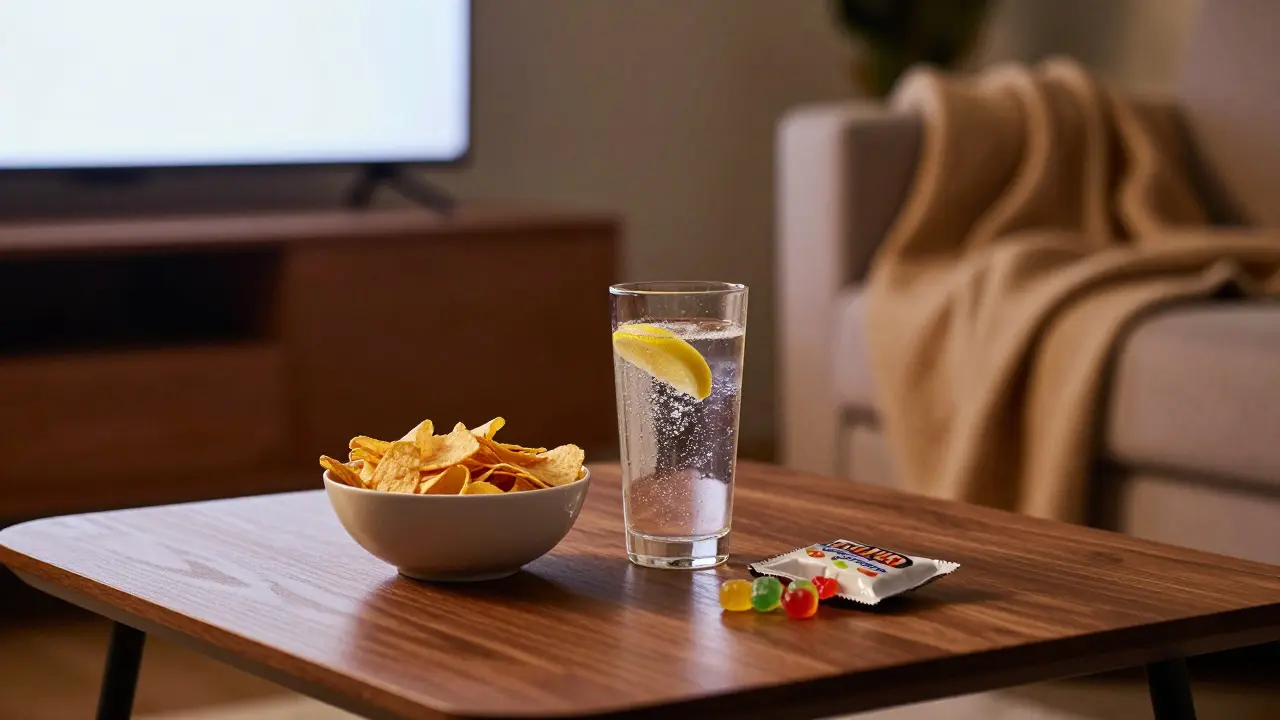 Gemütliches Wohnzimmer-Szenario mit Snacks und Getränken auf dem Tisch.