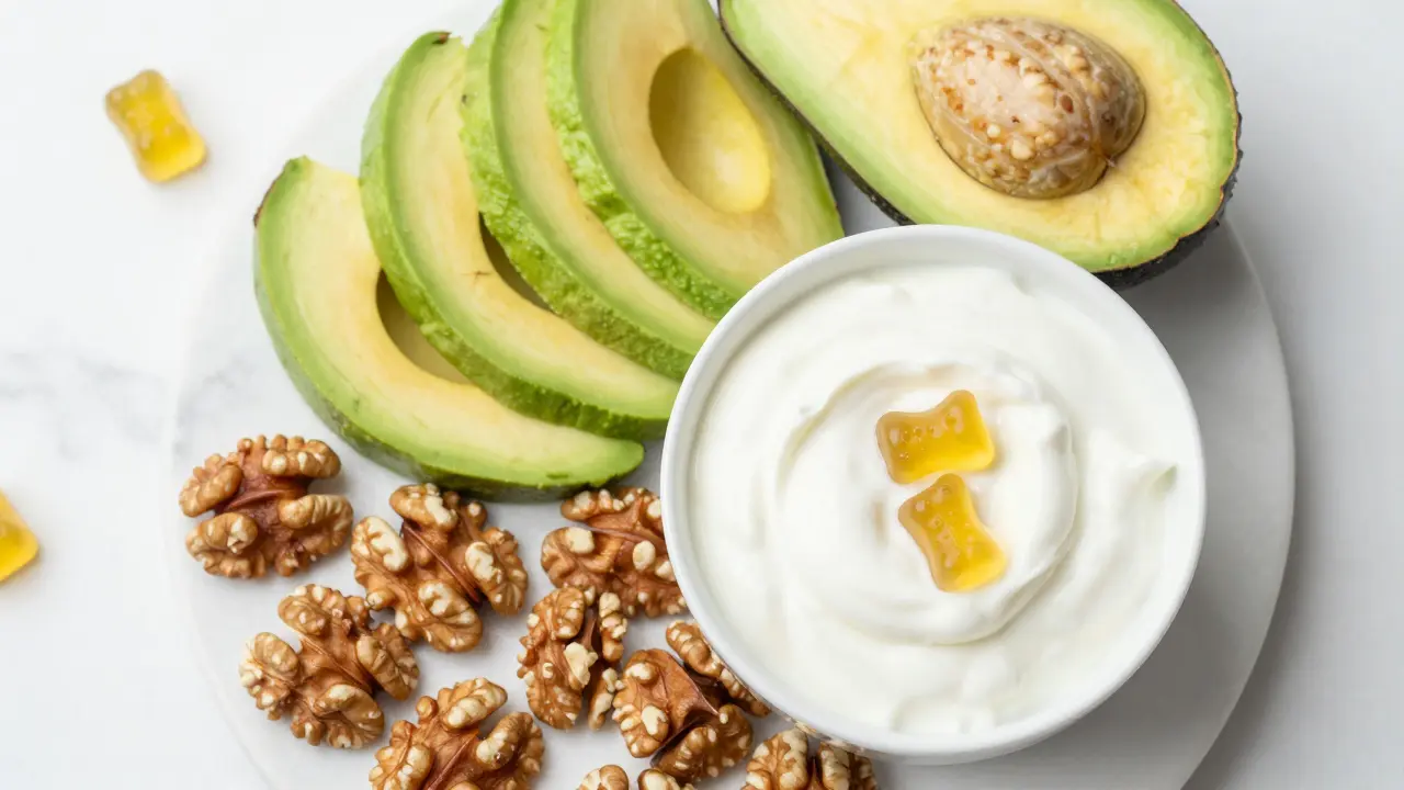 Gesunde Snacks wie Avocado und Nüsse neben CBD-Gummibären auf einem Marmortisch.