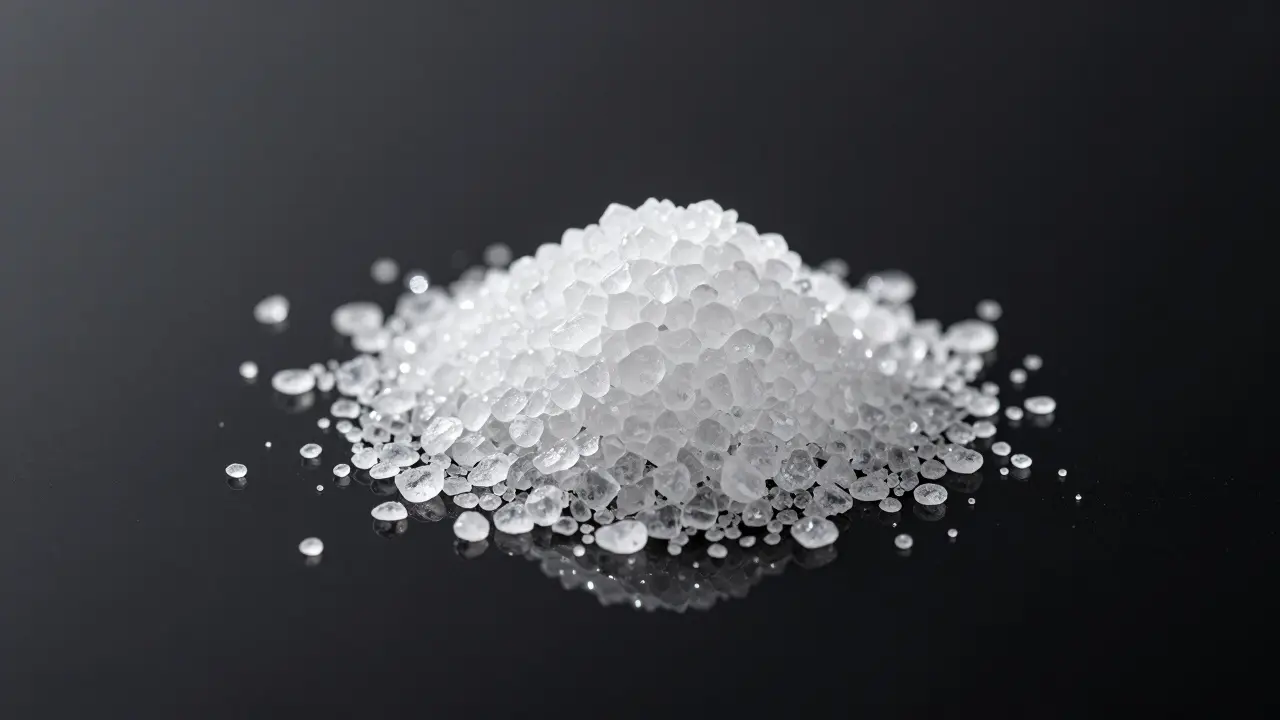 Glimmernde, weiße CBD-Isolat-Kristalle auf einer reflektierenden schwarzen Oberfläche.