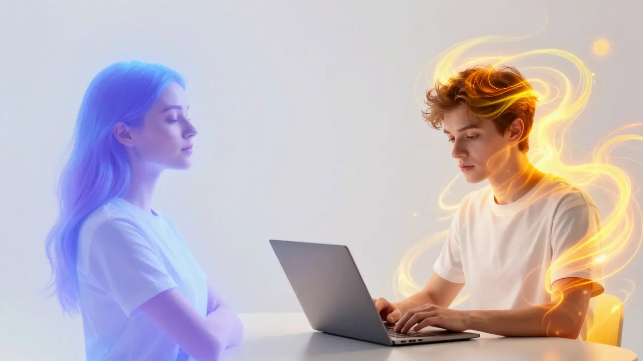 Kontrast zwischen tiefer Entspannung und fokussierter Klarheit durch verschiedene Cannabinoide.