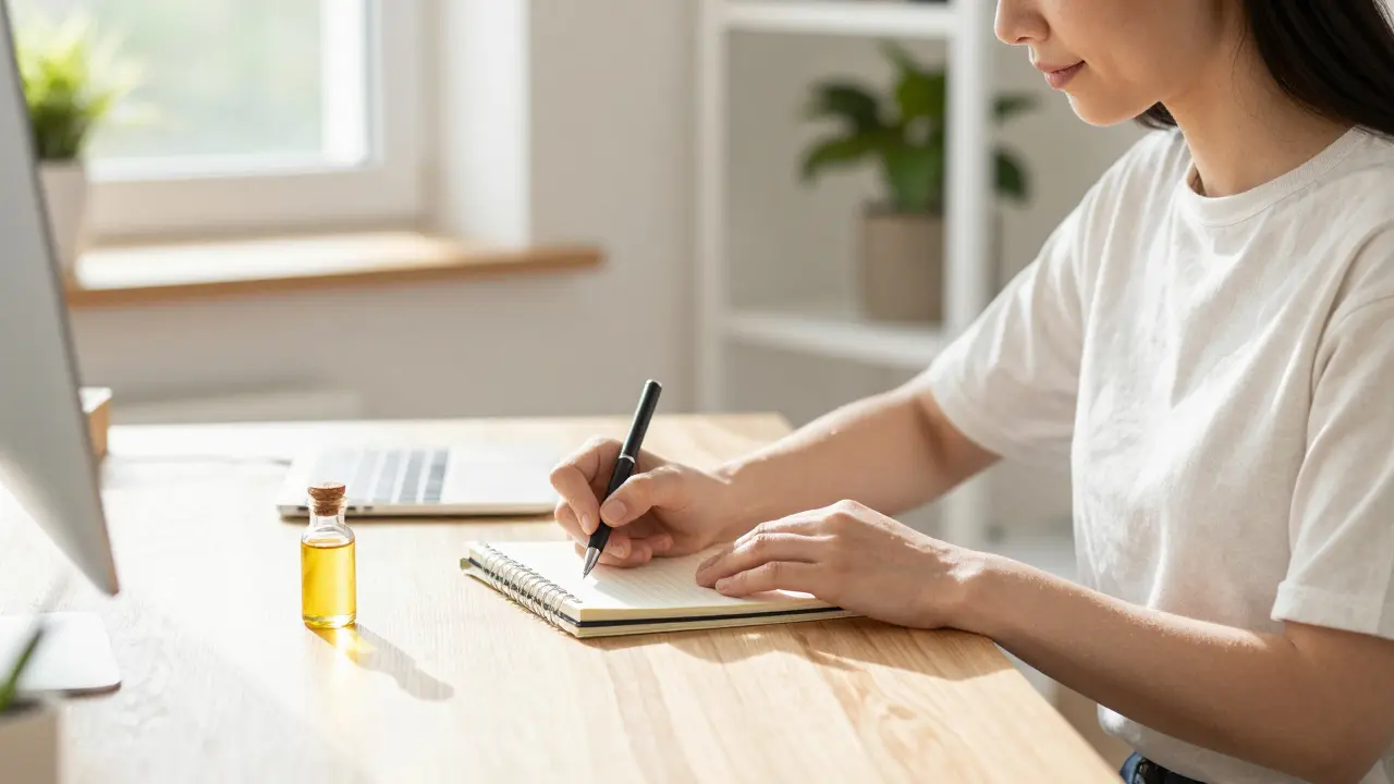 Konzentrierte Person in einem hellen Heimbüro am Vormittag mit einem Ölfläschchen auf dem Tisch.