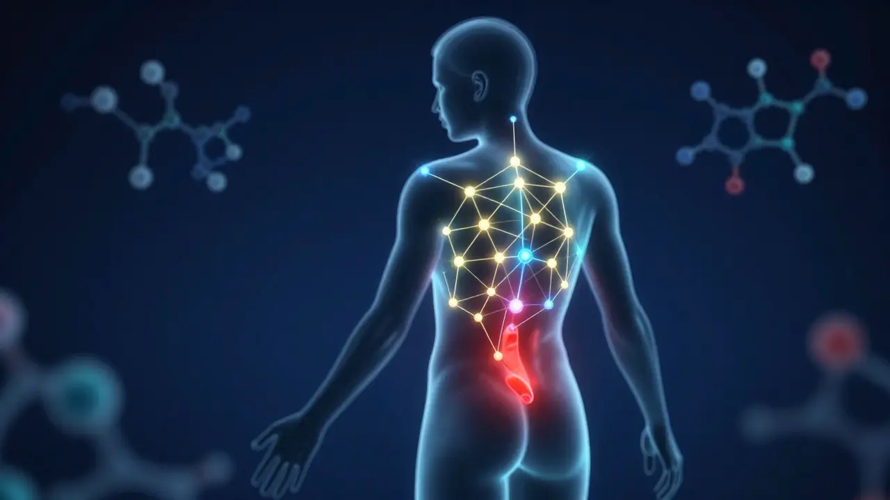 Konzeptuelle Darstellung des Endocannabinoid-Systems mit schmerzlindernden Lichteffekten im Körper.