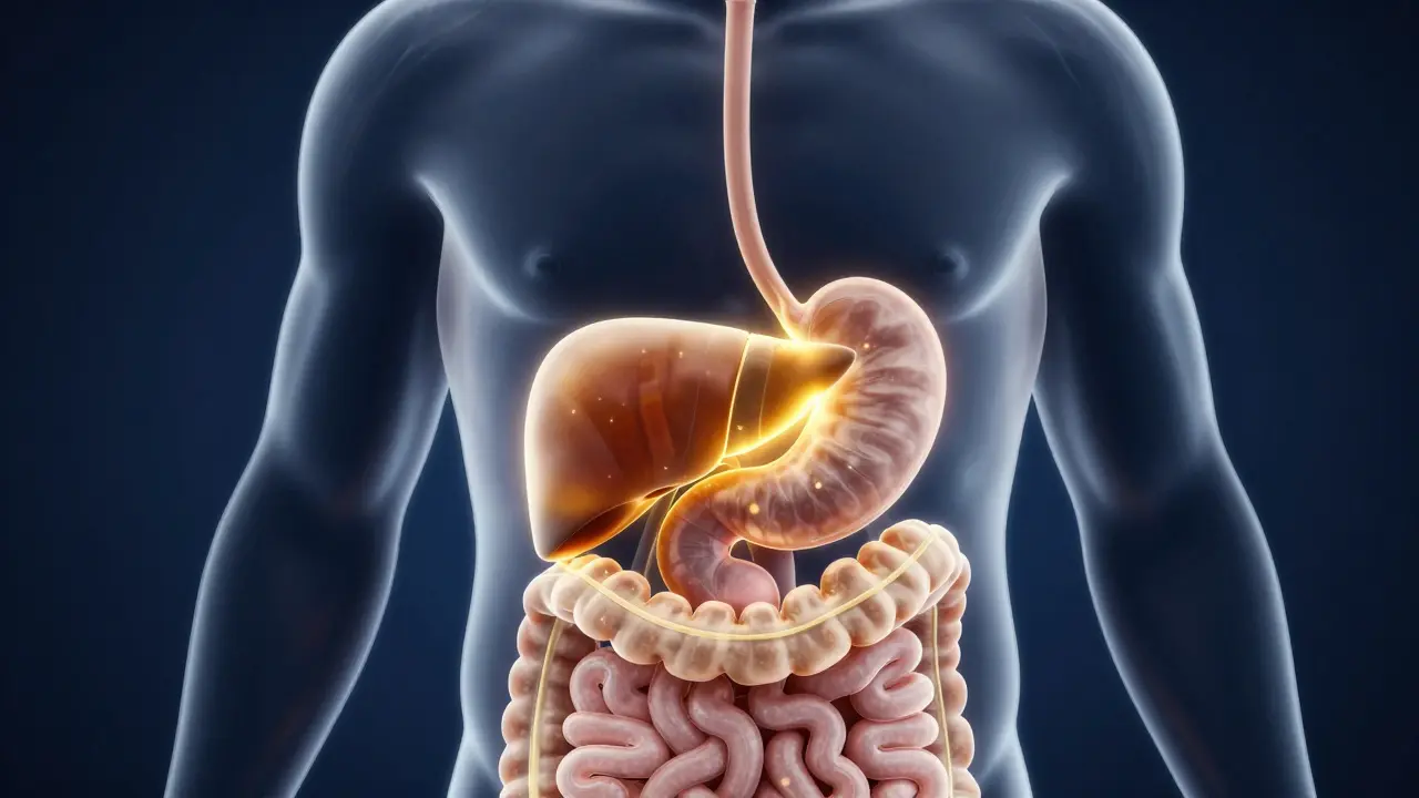 Konzeptuelle Darstellung des Weges eines CBD-Gummibären durch den Körper und die Leber.