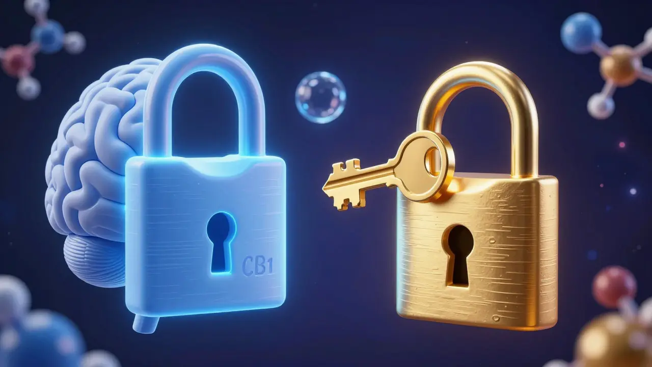 Konzeptuelle Darstellung von CB1-Rezeptoren und verschiedenen Molekül-Schlüsseln im Gehirn.