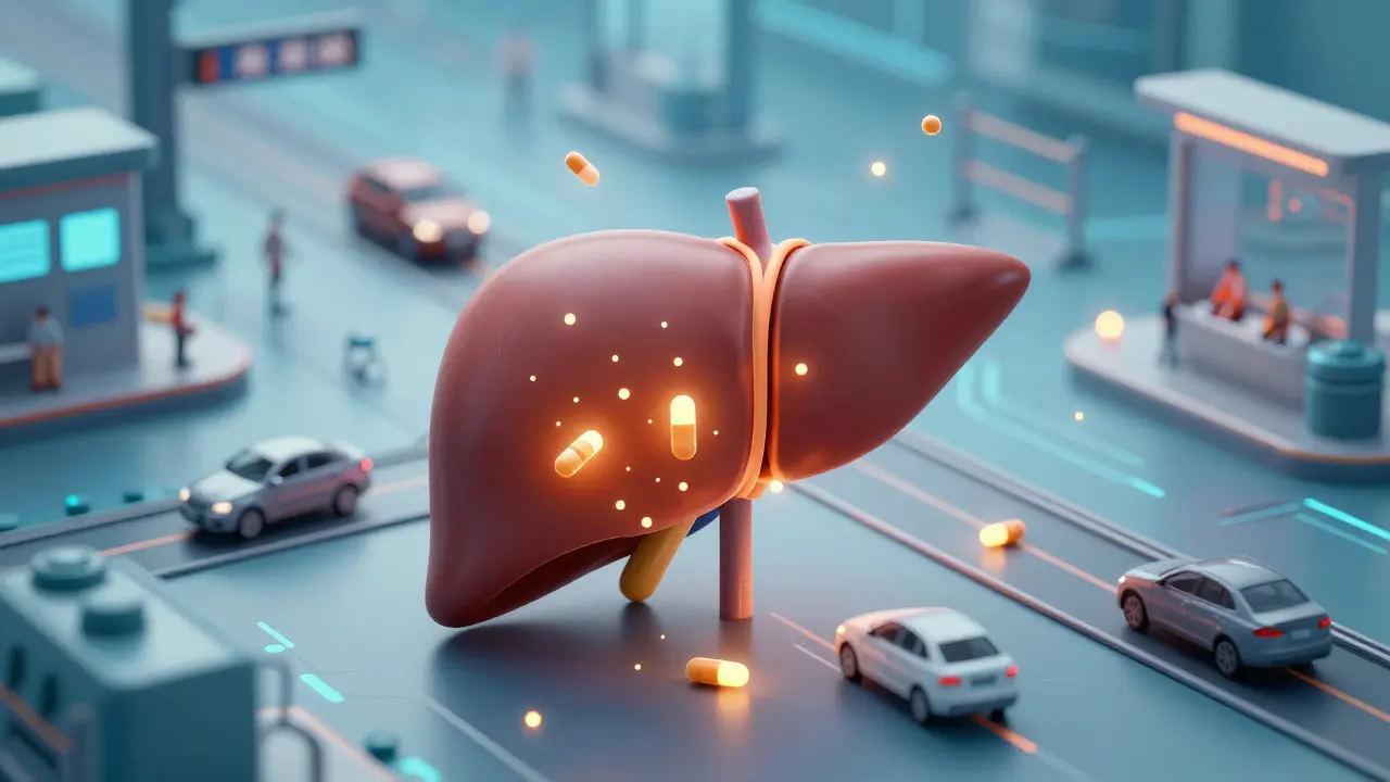 Konzeptuelle Illustration der Leber als Zollstation mit blockierten Wirkstoffpfaden.