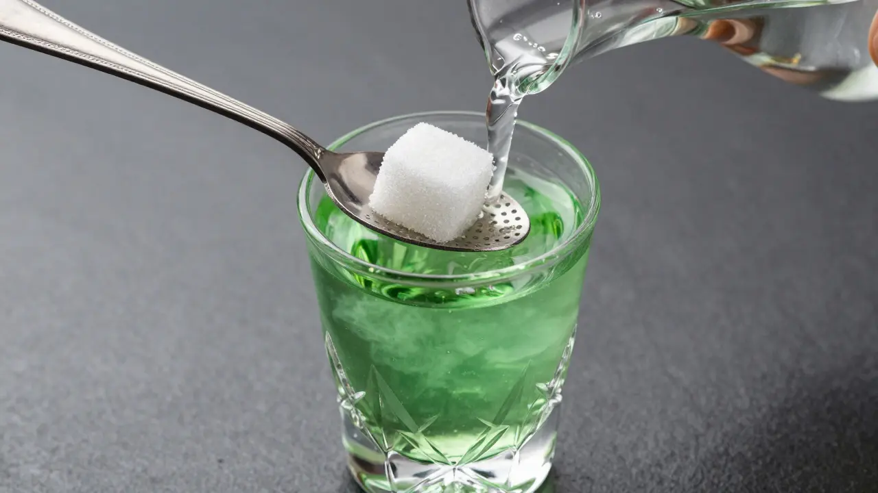 Makroaufnahme des Absinth-Rituals mit Zuckerwürfel und dem milchigen Louche-Effekt.