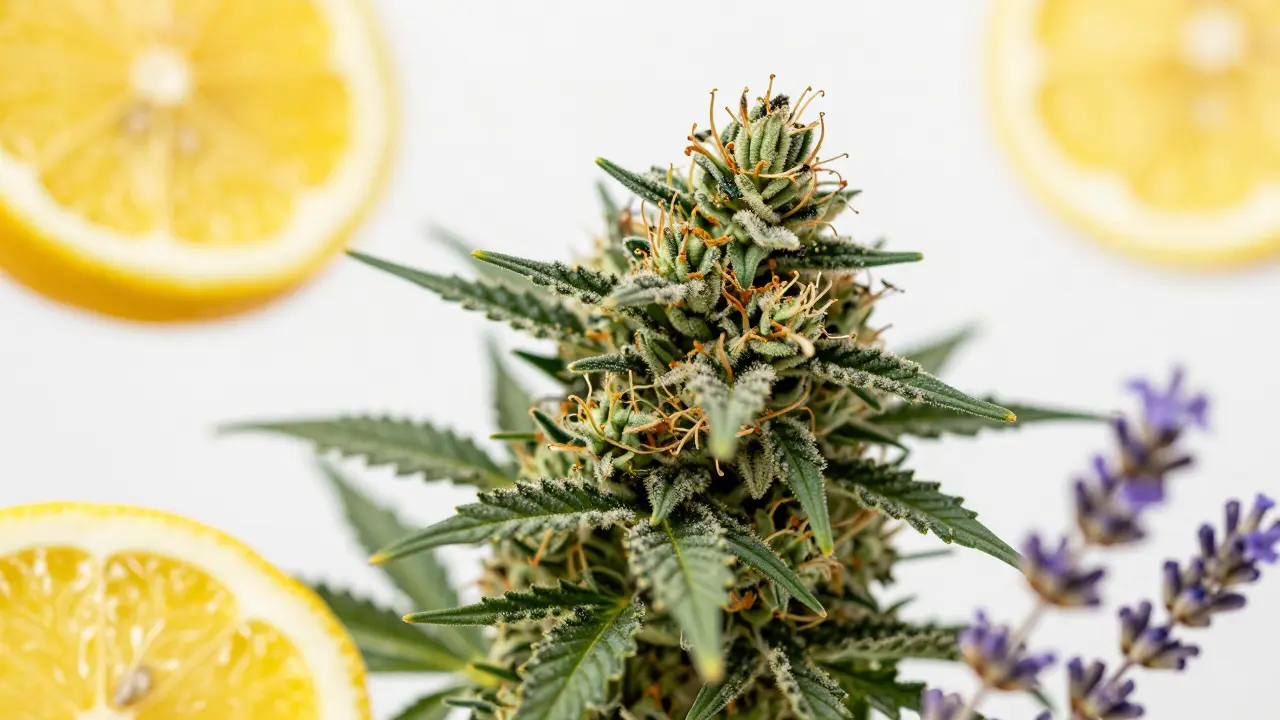 Nahaufnahme einer Cannabisblüte mit symbolischen Zitrusfrüchten und Lavendel für Terpene.
