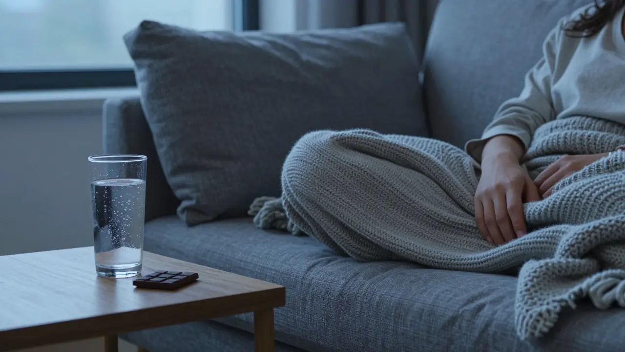 Person entspannt auf einem Sofa mit einem Glas Wasser und Schokolade.