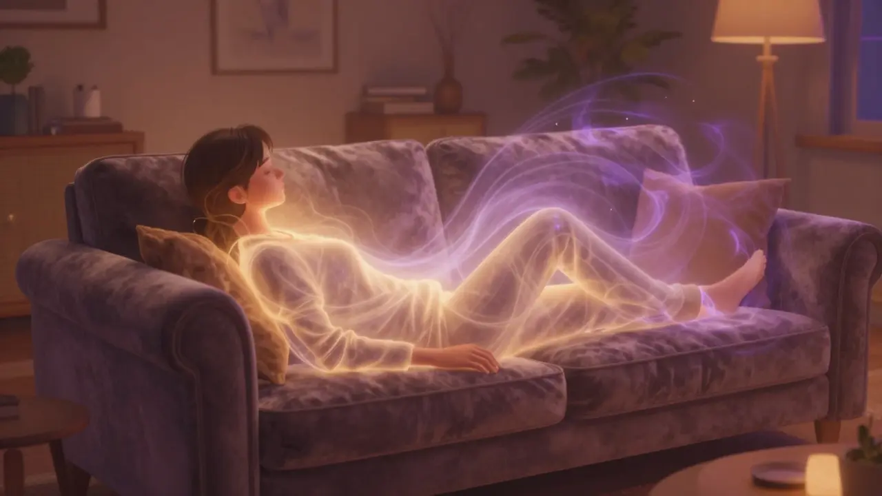 Person entspannt auf einem Sofa, umgeben von goldenen Lichtwellen.