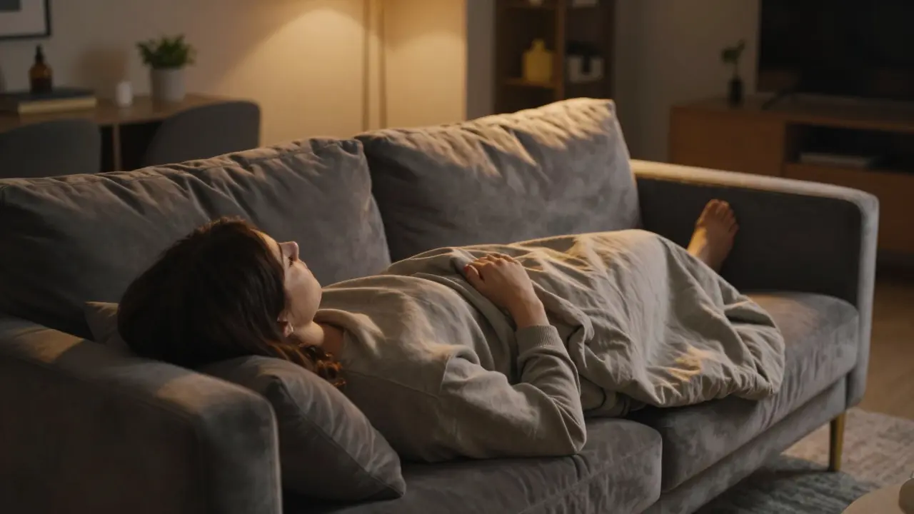 Person entspannt tief in einem Sofa in einem gemütlichen, schwach beleuchteten Wohnzimmer.