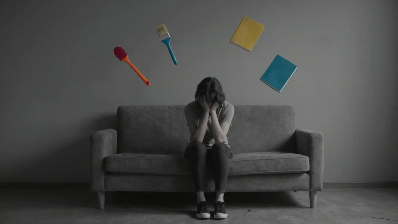 Person in grauer Umgebung, die den Antrieb und die Lebensfreude verliert.