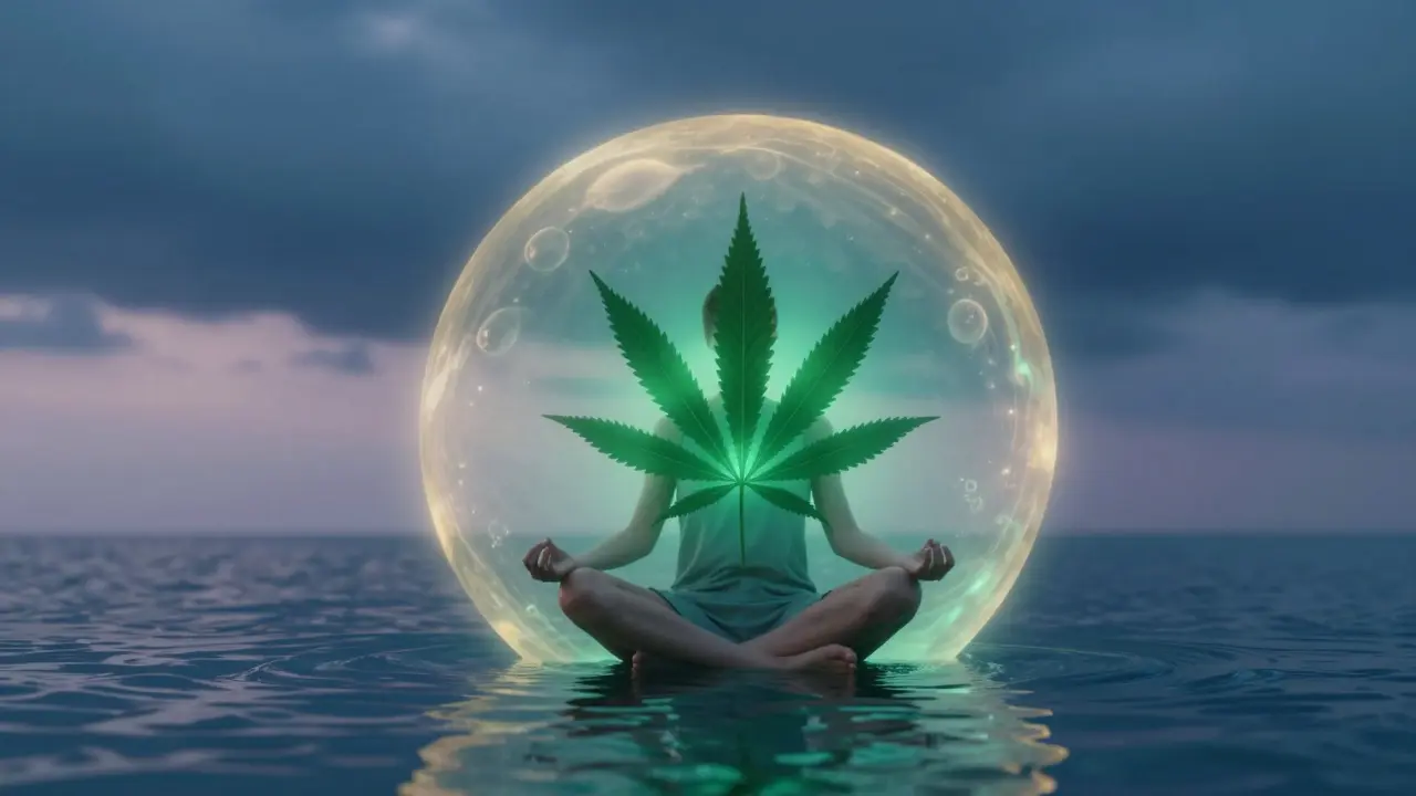 Person in meditativer Ruhe, umgeben von goldenem Licht als Symbol für die beruhigende Wirkung von CBD.