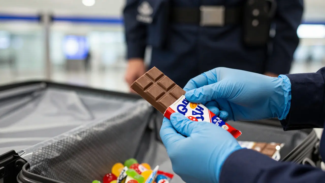 Sicherheitsbeamter hält bei einer manuellen Kofferprüfung Süßigkeiten in der Hand